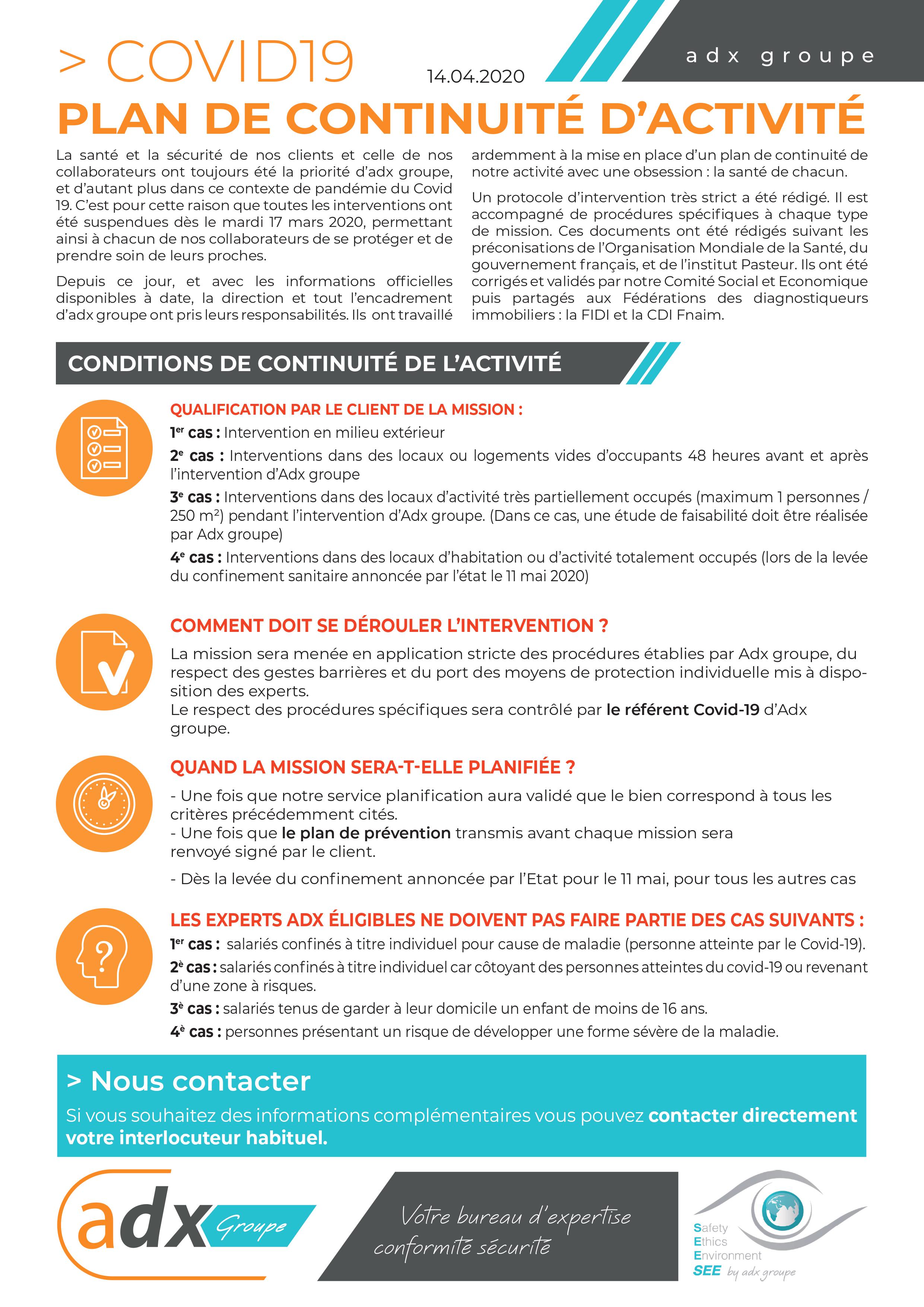 Plan de continuité d'activité ADX Groupe pendant le COVID-19